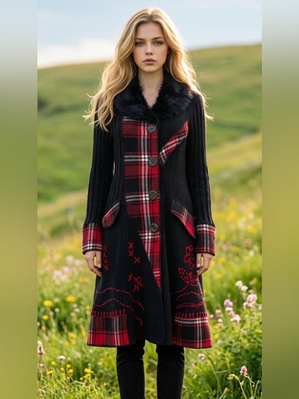 Papillon Blanc Black Coat with Red Plaid Accents and Faux Fur Collar